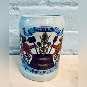 Vintage W Germany Beer Stein 1L Stoneware Mug Hopfen u Malz Gott Erhalts Grey